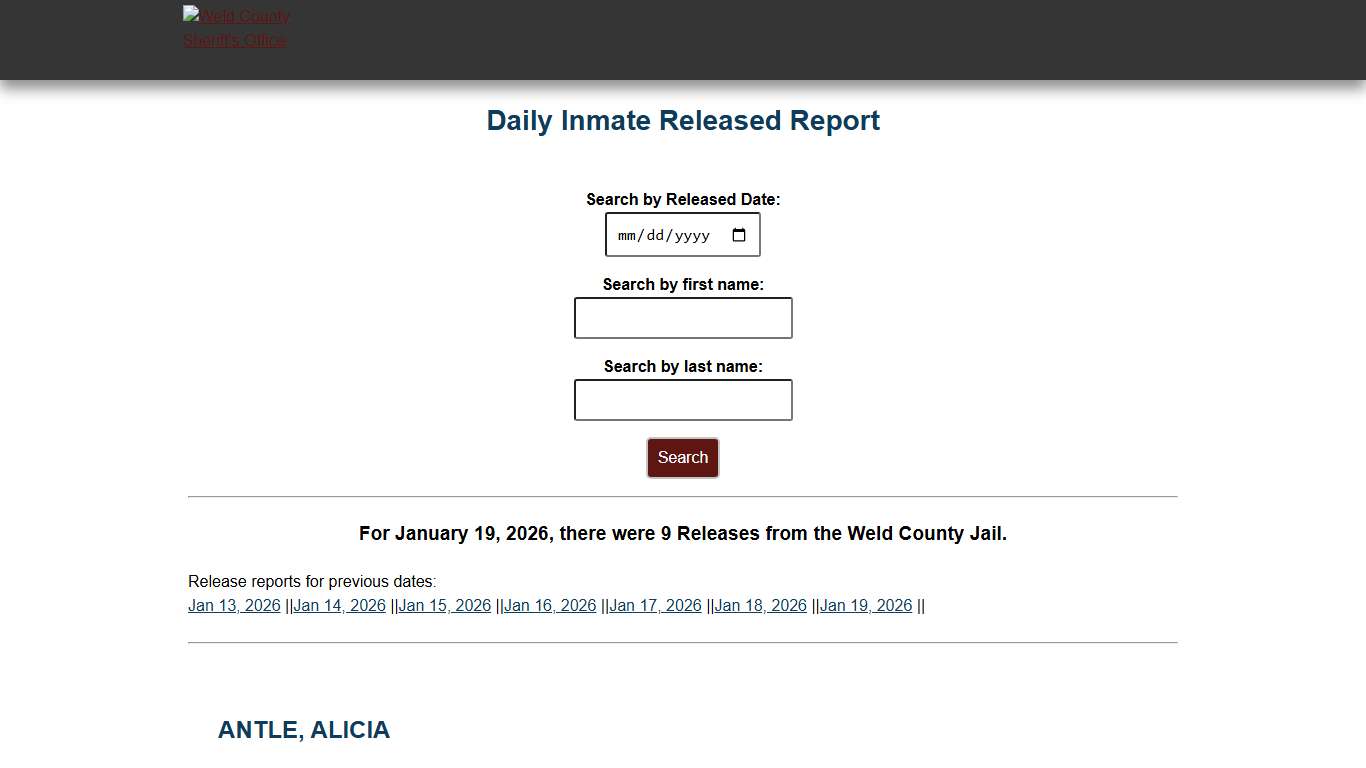 Weld County: Sheriff's Office Inmate Released Report