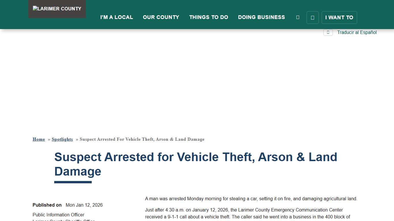 Suspect Arrested for Vehicle Theft, Arson & Land Damage | Larimer County